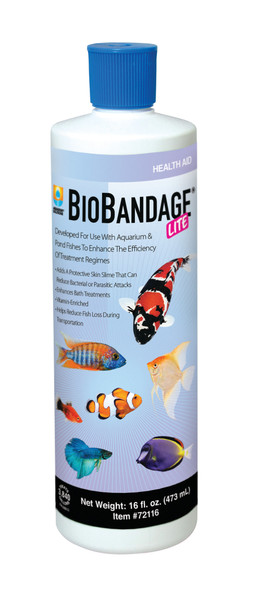 <body><p>BioBandage Lite - A unique blend of ingredients to help enhance bath treatments, speed wound healing, and help reduce fish loss during transportation.</p><ul><li>Helps enhance bath treatments</li> <li>Speeds wound healing</li> <li>Helps reduce fish loss during transportation</li></ul></body>