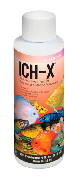 <body><p>Hikari Ich X is a proven formulation to help eliminate the disease conditions caused by freshwater or marine ich without negatively impacting the biological activity in an aquarium. Hikari Ich-X utilizes the most widely respected formulation for the treatment of ich, with a less toxic form of malachite green. Do not use Ich-X with any other medications. Do not use with sulfinate-, or sulfoxylate-base water conditioners. Ich-X may permanently stain silicone tanks and sealants, rocks, concrete, plastic objects, clothing, laminate counter tops, floors, furniture and carpeting. Ich-X may be harmful to some invertebrates (e.g. filter feeders); Use caution and observe carefully when treating aquariums with invertebrates. Immediate 50% or larger, water changes should be performed if stress is observed amoung treated animals.</p></body>