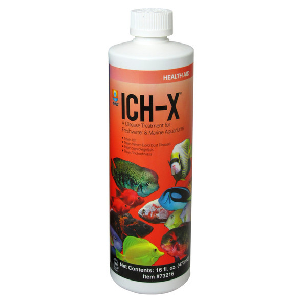 <body><p>Hikari Ich X is a proven formulation to help eliminate the disease conditions caused by freshwater or marine ich without negatively impacting the biological activity in an aquarium. Hikari Ich-X utilizes the most widely respected formulation for the treatment of ich, with a less toxic form of malachite green. Do not use Ich-X with any other medications. Do not use with sulfinate-, or sulfoxylate-base water conditioners. Ich-X may permanently stain silicone tanks and sealants, rocks, concrete, plastic objects, clothing, laminate counter tops, floors, furniture and carpeting. Ich-X may be harmful to some invertebrates (e.g. filter feeders); Use caution and observe carefully when treating aquariums with invertebrates. Immediate 50% or larger, water changes should be performed if stress is observed amoung treated animals.</p></body>