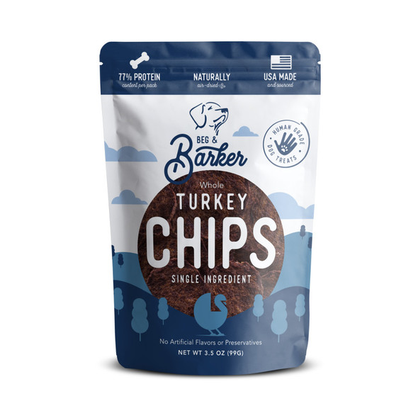 <body><p>Beg & Barker's Chips for Dogs are a naturally air-dried disc of turkey that crunches and creates a high value moment in the theatre of treats. Made with 100% human grade turkey gizzards only from and in the USA, air-dried to lock in the nutrients and flavors of the meat. Nothing artificial, just a pure meat treat. Intended as a fun treat to aid restricted or limited diet plans for guilt-free snacking with nothing artificial. Minimal processing in small batches makes multiple sizes. Use smaller bits as a nutrient-dense food topper for extra treating in line with a healthy balanced diet.</p><ul><li>Naturally air-dried disc of turkey</li> <li>Crunches and creates a high value moment</li> <li>Made with 100% human grade turkey gizzards only from and in the USA</li> <li>Air-dried to lock in the nutrients and flavors of the meat</li> <li>Nothing artificial, just a pure meat treat</li> <li>Intended as a fun treat to aid restricted or limited diet plans for guilt-free snacking with nothing artificial</li> <li>Minimal processing in small batches makes multiple sizes</li> <li>Use smaller bits as a nutrient-dense food topper for extra treating in line with a healthy balanced diet</li></ul></body>