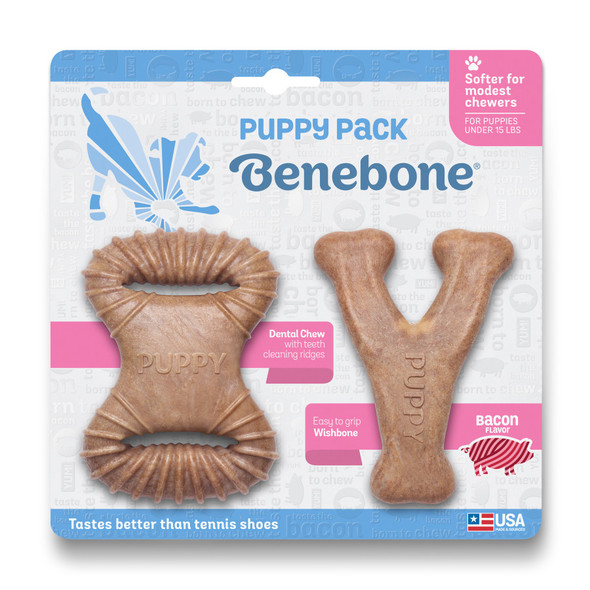 <body><p>DURABLE, WITH A LITTLE GIVE â€“ Benebones are for determined chewers. Our puppy line is durable and quite firm to the human touch, but is a teeny bit more forgiving for teething pups. EASY TO PICK UP AND CHEW â€“ Our Wishbone and Dental Chew are curved for a paw-friendly grip so your pup can quickly grab them and get a good chew going. Think about it: puppies donâ€™t have thumbs. USA MADE â€“ We make and source everything in the USA. HAPPINESS, GUARANTEED â€“ Have an issue? Want to chat? Reach out to us directly and youâ€™ll get a real person whose sole job is to make you and your pup happy.</p><ul><li>DURABLE, WITH A LITTLE GIVE â€“ Benebones are for determined chewers. Our puppy line is durable and quite firm to the human touch, but is a teeny bit more forgiving for teething pups</li> <li>EASY TO PICK UP AND CHEW â€“ Our Wishbone and Dental Chew are curved for a paw-friendly grip so your pup can quickly grab them and get a good chew going. Think about it: puppies donâ€™t have thumbs</li> <li>USA MADE â€“ We make and source everything in the USA. HAPPINESS, GUARANTEED â€“ Have an issue? Want to chat? Reach out to us directly and youâ€™ll get a real person whose sole job is to make you and your pup happy</li> <li>REAL BACON! â€“ We use only 100% REAL BACON for flavor. Trust us, puppies can tell the difference</li></ul></body>