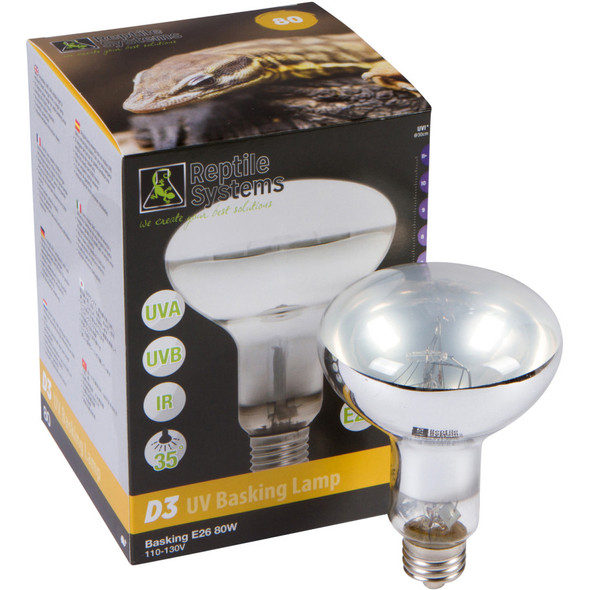 <body><p>Ensure that your reptiles and amphibians have the heat and a source of UVA and UVB that is essential for development and health when equipping your habitats, aquariums, vision cages and more with this Reptile Systems D3 UV Basking Lamp. Featuring a 35-degree beam angle for a wide basking area, this reptile lighting solution is designed to aid in the synthesis of Vitamin D3 and help to prevent metabolic disease in amphibians and reptiles, such as turtles, frogs, snakes, lizards and more. Stimulate reproduction when enhancing your collection of pet supplies with this D3 UV Basking Lamp that does not require an external ballast. You can also heat up your habitats and vision cages without the risk when taking advantage of Reptile Systemâ€™s six-month guarantee. All D3 UV Reptile Heating Basking Lamps are available in 70, 80, 100 and 120 watts and offer up to 6,000 hour life expectancy.</p><ul><li>UVA/UVB</li> <li>35-degree beam angle for a wide basking area</li> <li>Aids in the synthesis of Vitamin D3</li> <li>Helps prevent metabolic disease in amphibians and reptiles, such as turtles, frogs, snakes, lizards and more</li> <li>Stimulate reproduction</li> <li>Does not require an external ballast</li> <li>Up to 6,000 hour life expectancy</li></ul></body>
