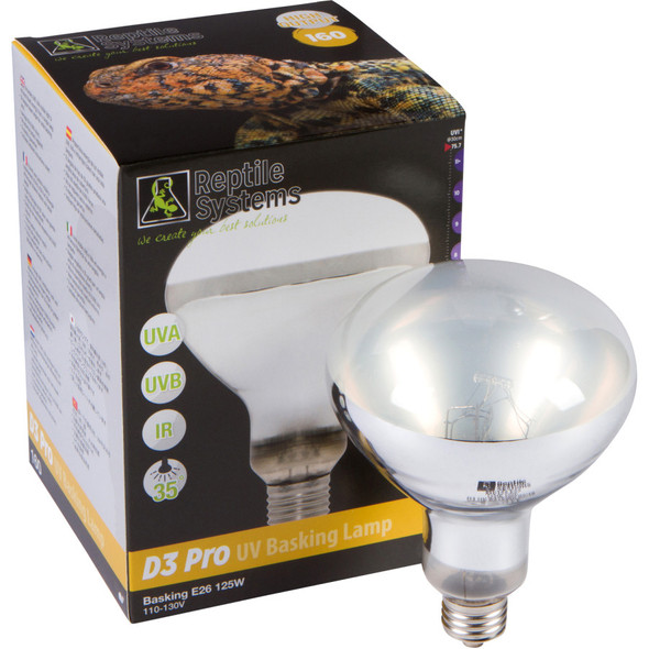 <body><p>Ensure that your reptiles and amphibians have the heat and a source of UVA and UVB that is essential for development and health when equipping your habitats, aquariums, vision cages and more with this Reptile Systems D3 UV Basking Lamp. Featuring a 35-degree beam angle for a wide basking area, this reptile lighting solution is designed to aid in the synthesis of Vitamin D3 and help to prevent metabolic disease in amphibians and reptiles, such as turtles, frogs, snakes, lizards and more. Stimulate reproduction when enhancing your collection of pet supplies with this D3 UV Basking Lamp that does not require an external ballast. You can also heat up your habitats and vision cages without the risk when taking advantage of Reptile Systemâ€™s six-month guarantee. All D3 UV Reptile Heating Basking Lamps are available in 70, 80, 100 and 120 watts and offer up to 6,000 hour life expectancy.</p><ul><li>UVA/UVB</li> <li>35-degree beam angle for a wide basking area</li> <li>Aids in the synthesis of Vitamin D3</li> <li>Helps prevent metabolic disease in amphibians and reptiles, such as turtles, frogs, snakes, lizards and more</li> <li>Stimulate reproduction</li> <li>Does not require an external ballast</li> <li>Up to 6,000 hour life expectancy</li></ul></body>