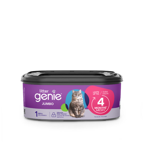 <body><p>The Litter Genie Jumbo Refill 1 pack offers 28 feet of film & can last up to 4 months for one cat, so you wonâ€™t have to worry about buying and changing refills. Made with a multi-layer refill that blocks odors and keeps your home fresh and clean. Cleaning your cat litter has never been so fast and easy.</p><ul><li>Ultimate odor control - The pail comes with a multi-layer refill bag with odor-locking barrier technology that prevents odor from escaping</li> <li>Easy to use - Refills are easy to insert, easy to dispose of.</li> <li>Flexible - Square refill contains continuous film, allowing you to cut and tie it to any length</li> <li>Long-lasting - One refill lasts up to 4 months for one cat.</li> <li>Compatible With: Standard Pail, Plus Pail</li></ul></body>