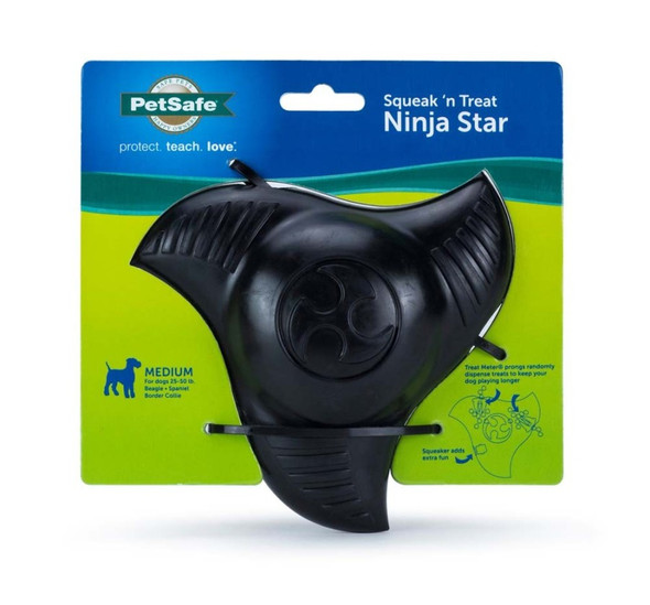 <body><p>Your dog won't be able to disguise his love of the PetSafe Squeak &Ocirc;n Treat Ninja Star Dog Chew Toy! This durable dog toy is made from vanilla-scented rubber and designed to hold up to even the toughest chewers. The Squeak &Ocirc;n Treat Ninja Star delivers a satisfying squeak while also releasing treats as your pet plays. This combination of sound and tasty treats appeals to the natural prey drive of dogs. The patented Treat Meter prongs hold your dog's favorite treats or kibble. As your pooch plays, treats pop out. If your dog finds the toy too challenging, try trimming the patented Treat Meter prongs. Once the prongs are cut, there is no going back so we recommend trimming only a little at a time and then testing. The Ninja Star is free from stuffing and fabric and can be easily cleaned in the top rack of your dishwasher.</p></body>