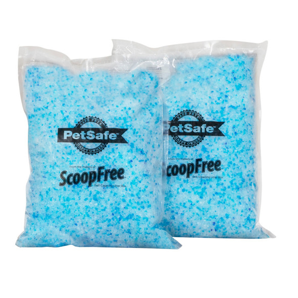 <body><p>The ScoopFree Premium Blue Crystal Litter 2-Pack is low tracking and 99% dust-free, which means you can do a whole lot less sweeping up! Just 1 bag can last up to 30 days in a single-cat householdâ€”that means less time cleaning the litter box so you have more moments to snuggle with your cat! Crystal litter absorbs urine and dries solid waste to quickly remove odors 5 times faster than clumping clay litter. This product includes 2 pre-portioned bags of lightly scented premium crystal litter ready for use. This litter can be used with any brand litter box or reusable tray, but we recommend using it to refill the PetSafeÂ® Deluxe Crystal Litter Box. Your pet deserves the best. Trust PetSafeÂ® to help keep your pet healthy, safe and happy.</p><ul><li>Low tracking and 99% dust-free</li> <li>1 bag can last up to 30 days in a single-cat household</li> <li>Crystal litter absorbs urine and dries solid waste to quickly remove odors 5 times faster than clumping clay litter</li> <li>This litter can be used with any brand litter box or reusable tray, but we recommend using it to refill the PetSafeÂ® Deluxe Crystal Litter Box</li> <li>Includes 2 pre-portioned bags of lightly scented premium crystal litter ready for use</li></ul></body>