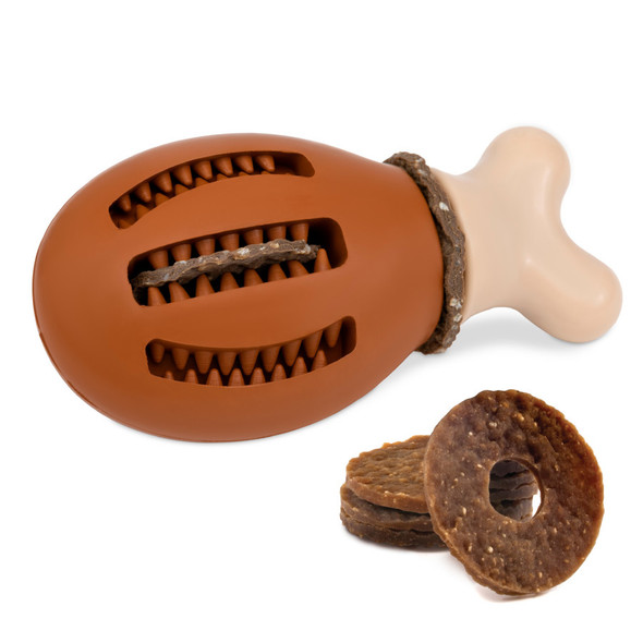 <body><p>As a general rule, we wouldnâ€™t give our pup a drumstick. But when a chicken treat is this adorable, tempting (and most importantly, safe) we just canâ€™t resist. Add a treat to the Busy Buddy Chompin' Chicken by unscrewing the end and sliding on a treat ring. For double fun, you can slide a treat ring through the grooves of the drumstick to keep your dog entertained even longer. Add optional tastiness by smearing nut butter or doggie toothpaste in the outside grooves. The textured surface of this toy helps keep your dog's teeth and gums clean by preventing and removing build-up as they chew. Itâ€™s a clever toothbrush that looks and tastes like a snackâ€”genius, we know. The BPA-free rubber is chicken scented to make your dog happy, and itâ€™s top rack dishwasher safe to make your life easier. Your pet deserves the best. Trust PetSafe to help keep your pet healthy, safe and happy.</p><ul><li>Textured surface of this toy helps keep your dog's teeth and gums clean</li> <li>BPA-free rubber is chicken scented</li> <li>Top rack dishwasher safe</li> <li>easy to use - unscrew the end and slide on a treat ring</li></ul></body>