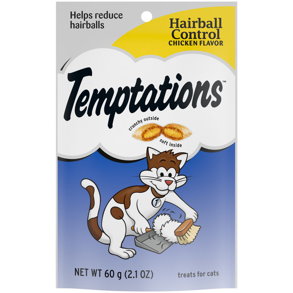 <body><p>Cats canâ€™t resist the delectable taste of TEMPTATIONS, so give your cat these purrfect TEMPTATIONS Essentials Hairball Control Cat Treatsâ€¦ theyâ€™ll come running the moment you open the pack. Each of these low calorie chicken flavor cat treats is specially formulated for hairball control and hairball prevention, has less than 2 calories, and provides an irresistible combination of both crunchy and soft textures. These healthy cat treats also come in a cat-proof, stay-fresh pouch, so your feline friend can enjoy their favorite snack when you open it, but never when they shouldnâ€™t! These TEMPTATIONS Cat Treats are a perfect addition to your catâ€™s normal feeding routine: Use them as a treat, a meal, or a cat food topper. * Based on 2019 Nielsen sales data</p><ul><li>Contains one (1) 2.1 oz. pouch of TEMPTATIONS Essentials Hairball Control Cat Treats, Chicken Flavor</li> <li>Your adult cat can't wait to get their paws on these crumptious cat food treats that are crunchy on the outside, soft on the inside, and specially formulated to help prevent and control hairballs when fed with a hairball control diet</li> <li>Under 2 calories per cat treat, so you can feel good about rewarding your cat every day</li> <li>TEMPTATIONS Cat Treats are 100% nutritionally complete and balanced for adult cat maintenance and can be used as a treat, meal, or cat food topper</li> <li>Convenient stay-fresh pouchâ€¦ resealable for easy treating and keeping your catâ€™s paws off when youâ€™re not watching</li> <li>Americaâ€™s #1 Cat Treat Brand*â€¦ just shake the pack and theyâ€™ll come running</li> <li>Hairball</li></ul></body>
