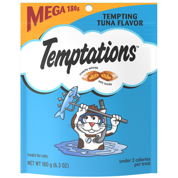 <body><p>Cats canâ€™t resist the delectable taste of TEMPTATIONS, so give your cat these purrfect TEMPTATIONS Classic Cat Treatsâ€¦ theyâ€™ll come running the moment you open the tub. Each of these low calorie tuna flavor cat snacks has less than 2 calories and provides an irresistible combination of both crunchy and soft textures. These healthy cat treats also come in a cat-proof, stay-fresh pouch, so your feline friend can enjoy their favorite snack when you open it, but never when they shouldnâ€™t! These TEMPTATIONS Classic Cat Treats are a perfect addition to your catâ€™s normal feeding routine: Use them as a treat, a meal, or a cat food topper. They also are the perfect size treats for cat toys... try mixing up playtime by placing a few inside a treat dispensing toy and watch your cat chase and swat away. * Based on 2020 Nielsen sales data</p><ul><li>Contains one (1) 6.3 oz. pouch of TEMPTATIONS Classic Cat Treats Tempting Tuna Flavor</li> <li>Your adult cat canâ€™t wait to get their paws on these scrumptious cat food treats that are crunchy on the outside and soft on the inside</li> <li>Under 2 calories per cat treat, so you can feel good about rewarding your cat every day</li> <li>TEMPTATIONS Cat Treats are 100% nutritionally complete and balanced for adult cat maintenance and can be used as a treat, meal, or cat food topper</li> <li>Convenient stay-fresh pouchâ€¦ resealable for easy treating and keeping your catâ€™s paws off when youâ€™re not watching</li> <li>Americaâ€™s #1 Cat Treat Brand*â€¦ just shake the pack and theyâ€™ll come running</li> <li>AAFCO Formulated</li></ul></body>
