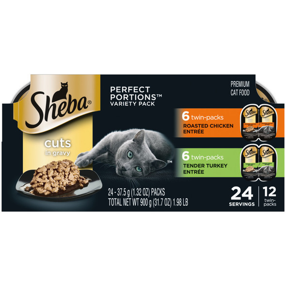 <body><p>Your cats know what they want, and they know how to get it. Give them SHEBA Wet Cat Food. Each SHEBA Wet Cat Food recipe is made with real protein, essential vitamins, and minerals, so itâ€™s as nutritious as it is delicious. This wet cat food is made without grain or corn,* and has no artificial flavors or preservatives;* and since itâ€™s so delectable and easy to chew, your cat will devour every tasty bite. SHEBA PERFECT PORTIONS offer two convenient servings in each tray to ensure freshness without leftovers. Show your cat some love; whether your fancy feline is a kitten, adult, or senior cat, this soft wet food is sure to satisfy even the pickiest appetite. Savor every delicious moment with SHEBA Wet Cat Food: What Cats Want. * Trace amounts may be present due to cross contact during manufacturing.</p><ul><li>Contains twelve (12) 2.6 oz. twin pack trays (24 servings total) of SHEBA Wet Cat Food Cuts in Gravy PERFECT PORTIONS Variety Pack: (6) Roasted Chicken Entree (6) Tender Turkey Entree</li> <li>Soft, delectable cat food in an irresistible gravy cats love</li> <li>Individual trays of tasty, fresh meals mean that youâ€™ll have zero messy leftovers, unlike canned cat food</li> <li>Easy-to-use cat food trays: Just snap, peel, and serve</li> <li>Made without grain, corn, wheat, or soy*â€¦ plus, no artificial flavors or preservatives,* so you can feel good about the food you feed your cat</li> <li>From kitten to mature senior cat, a PERFECT PORTIONS tray makes a gourmet meal regardless of age</li> <li>*Trace amounts may be present due to cross contact during manufacturing.</li> <li>Grain Free*</li> <li>Gluten Free*</li> <li>Wheat Free*</li> <li>Corn Free*</li></ul></body>