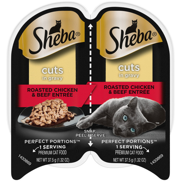 <body><p>Your cats know what they want, and they know how to get it. Give them SHEBA Wet Cat Food. Each SHEBA Wet Cat Food Cuts in Gravy recipe is made with real protein, essential vitamins, and minerals, so itâ€™s as nutritious as it is delicious. This wet cat food is made without grain or corn,* and has no artificial flavors or preservatives;* and since itâ€™s so delectable and easy to chew, your cat will devour every tasty bite. SHEBA PERFECT PORTIONS offer two convenient servings in each tray to ensure freshness without leftovers. Show your cat some love; whether your fancy feline is a kitten, adult, or senior cat, this soft wet food is sure to satisfy even the pickiest appetite. Savor every delicious moment with SHEBA Wet Cat Food: What Cats Want. * Trace amounts may be present due to cross contact during manufacturing.</p><ul><li>Contains twenty-four (24) 2.6 oz. twin pack trays (48 servings total) of SHEBA Wet Cat Food Cuts in Gravy PERFECT PORTIONS, Roasted Chicken & Beef Entree</li> <li>Soft, delectable cat food in an irresistible gravy cats love</li> <li>Individual trays of tasty, fresh meals mean that youâ€™ll have zero messy leftovers, unlike canned cat food</li> <li>Easy-to-use cat food trays: Just snap, peel, and serve</li> <li>Made without grain, corn, wheat, or soy*â€¦ plus, no artificial flavors or preservatives,* so you can feel good about the food you feed your cat</li> <li>From kitten to mature senior cat, a PERFECT PORTIONS tray makes a gourmet meal regardless of age</li> <li>*Trace amounts may be present due to cross contact during manufacturing.</li> <li>Grain Free*</li> <li>Gluten Free*</li> <li>Wheat Free*</li> <li>Corn Free*</li></ul></body>