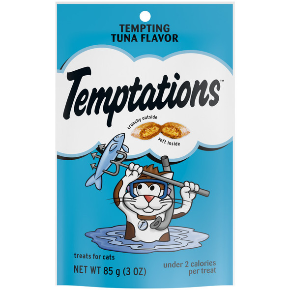<body><p>Cats canâ€™t resist the delectable taste of TEMPTATIONS, so give your cat these purrfect TEMPTATIONS Classic Cat Treatsâ€¦ theyâ€™ll come running the moment you open the tub. Each of these low calorie tuna flavor cat snacks has less than 2 calories and provides an irresistible combination of both crunchy and soft textures. These healthy cat treats also come in a cat-proof, stay-fresh pouch, so your feline friend can enjoy their favorite snack when you open it, but never when they shouldnâ€™t! These TEMPTATIONS Classic Cat Treats are a perfect addition to your catâ€™s normal feeding routine: Use them as a treat, a meal, or a cat food topper. They also are the perfect size treats for cat toys... try mixing up playtime by placing a few inside a treat dispensing toy and watch your cat chase and swat away. * Based on 2020 Nielsen sales data</p><ul><li>Contains one (1) 3 oz. pouch of TEMPTATIONS Classic Cat Treats Tempting Tuna Flavor</li> <li>Your adult cat canâ€™t wait to get their paws on these scrumptious cat food treats that are crunchy on the outside and soft on the inside</li> <li>Under 2 calories per cat treat, so you can feel good about rewarding your cat every day</li> <li>TEMPTATIONS Cat Treats are 100% nutritionally complete and balanced for adult cat maintenance and can be used as a treat, meal, or cat food topper</li> <li>Convenient stay-fresh pouchâ€¦ resealable for easy treating and keeping your catâ€™s paws off when youâ€™re not watching</li> <li>Americaâ€™s #1 Cat Treat Brand*â€¦ just shake the pack and theyâ€™ll come running</li> <li>AAFCO Formulated</li></ul></body>