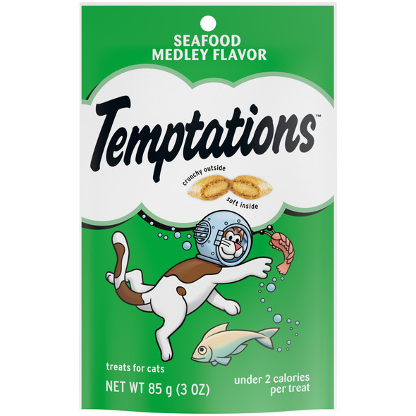 <body><p>Cats canâ€™t resist the delectable taste of TEMPTATIONS, so give your cat these purrfect TEMPTATIONS Classic Cat Treatsâ€¦ theyâ€™ll come running the moment you open the tub. Each of these low calorie seafood flavor cat snacks has less than 2 calories and provides an irresistible combination of both crunchy and soft textures. These healthy cat treats also come in a cat-proof, stay-fresh tub, so your feline friend can enjoy their favorite snack when you open it, but never when they shouldnâ€™t! These TEMPTATIONS Classic Cat Treats are a perfect addition to your catâ€™s normal feeding routine: Use them as a treat, a meal, or a cat food topper. They also are the perfect size treats for cat toys... try mixing up playtime by placing a few inside a treat dispensing toy and watch your cat chase and swat away. * Based on 2020 Nielsen sales data</p><ul><li>Contains one (1) 3 oz. pouch of TEMPTATIONS Classic Cat Treats Seafood Medley Flavor</li> <li>Your adult cat canâ€™t wait to get their paws on these scrumptious fish flavor cat food treats that are crunchy on the outside and soft on the inside</li> <li>Under 2 calories per seafood cat treat, so you can feel good about rewarding your cat every day</li> <li>TEMPTATIONS Cat Treats are 100% nutritionally complete and balanced for adult cat maintenance and can be used as a treat, meal, or cat food topper</li> <li>Treat â€™em again and again with this value-sized, resealable tub: perfect for keeping cat paws off when youâ€™re not watching</li> <li>Americaâ€™s #1 Cat Treat Brand*â€¦ just shake the pack and theyâ€™ll come running</li> <li>AAFCO Formulated</li></ul></body>