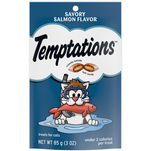 <body><p>Cats canâ€™t resist the delectable taste of TEMPTATIONS, so give your cat these purrfect TEMPTATIONS Classic Cat Treatsâ€¦ theyâ€™ll come running the moment you open the tub. Each of these low calorie salmon flavor cat snacks has less than 2 calories and provides an irresistible combination of both crunchy and soft textures. These healthy cat treats also come in a cat-proof, stay-fresh tub, so your feline friend can enjoy their favorite snack when you open it, but never when they shouldnâ€™t! These TEMPTATIONS Classic Cat Treats are a perfect addition to your catâ€™s normal feeding routine: Use them as a treat, a meal, or a cat food topper. They also are the perfect size treats for cat toys... try mixing up playtime by placing a few inside a treat dispensing toy and watch your cat chase and swat away. * Based on 2020 Nielsen sales data</p><ul><li>Contains one (1) 3 oz. pouch of TEMPTATIONS Classic Cat Treats Savory Salmon Flavor</li> <li>Your adult cat canâ€™t wait to get their paws on these scrumptious fish flavor cat food treats that are crunchy on the outside and soft on the inside</li> <li>Under 2 calories per salmon cat treat, so you can feel good about rewarding your cat every day</li> <li>TEMPTATIONS Cat Treats are 100% nutritionally complete and balanced for adult cat maintenance and can be used as a treat, meal, or cat food topper</li> <li>Treat â€™em again and again with this value-sized, resealable tub: perfect for keeping cat paws off when youâ€™re not watching</li> <li>Americaâ€™s #1 Cat Treat Brand*â€¦ just shake the pack and theyâ€™ll come running</li> <li>AAFCO Formulated</li></ul></body>