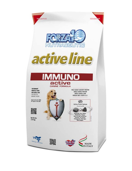 <body><p>Forza10 Active Immuno is a complete and balanced nutraceutical diet designed to help strengthen a dog's immune system. This delicious recipe is made with wild-caught anchovy, which provides a healthy source of omega 3 fatty acids. It also features therapeutic plants and fruit extracts like tea, turmeric, and pomegranate to help strengthen a dog's immune system. Great for any dog breed with stress, fatigue, metabolic diseases (obesity, diabetes, hypothyroidism, Cushing's disease), bacterial diseases, or immune-mediated diseases (IBD, SLE, dry keratoconjunctivitis, pemphigus).</p><ul><li>designed for dogs with weakness or hyperactivity of the immune system.</li></ul></body>