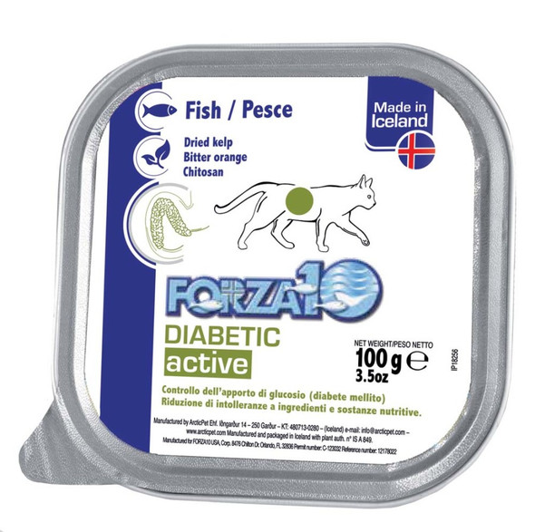 <body><p>FORZA10 Diabetic Actiwet FISH is a specific formulation developed by FORZA10 R&D Department to support therapy of insulin-dependent diabetes in cats.</p><ul><li>Forza10 Actiwet Diabetic is designed to help support therapy of insulin-dependent diabetes in cats</li> <li>Made with delicious Icelandic salmon that cats crave</li> <li>Dried kelp, orange peel, and chitosan are added to help support a healthy lifestyle</li> <li>Free from the bad stuff; never any GMOs, by-products, corn, wheat, soy, artificial colors, or flavors</li></ul></body>