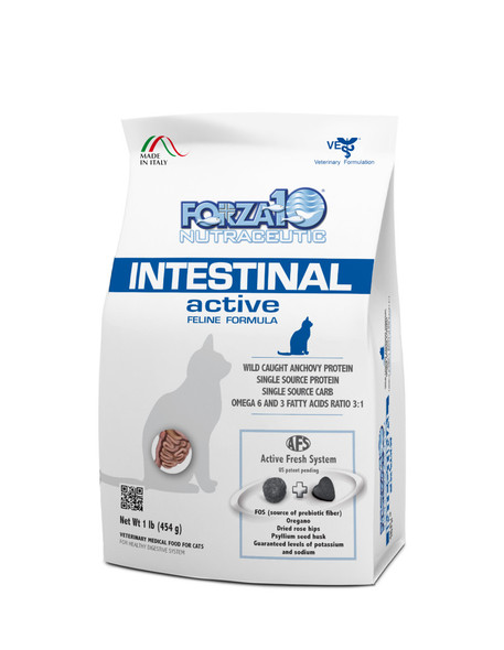 <body><p>Intestinal represents the specific Active Line diet developed to help all cats with chronic or recurrent gastrointestinal problems which donâ€™t respond satisfactorily to conventional therapy.</p><ul><li>Forza10 Active Intestinal is designed for cats with sensitive digestion</li> <li>Helps stop diarrhea, upset stomach, excessive salivation, vomiting on an empty stomach, and flatulence</li> <li>Made with Icelandic wild-caught anchovy, which is rich in omegas for a healthy skin & coat</li> <li>Rose hips, oregano, and psyllium seed husk are added to help support a healthy digestion</li> <li>Free from the bad stuff; never any GMOs, by-products, corn, wheat, soy, artificial colors, or flavors</li></ul></body>