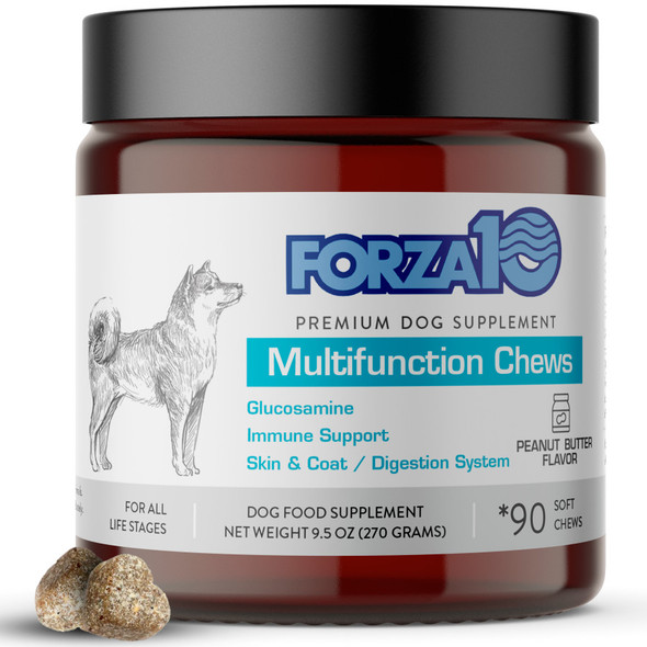 <body><p>Forza10 Multifunction Chews are made with Glucosamine, Organic Turmeric, Fish Oil, and more natural ingredients that help support immune function, skin & coat, and digestive system. This natural, peanut butter flavored solution boosts the immune system, while supporting sensitive skin and digestion. Give your dog a healthy, happy lifestyle with these mouth-watering soft chew supplements, great for dogs of all life stages. Feel like the best pet parent by giving your companion these delicious treats, made in a factory run by clean energy with no artificial colors or flavors.</p><ul><li>Soft chew supplements</li> <li>Made with Glucosamine, Organic Turmeric, Fish Oil, and more natural ingredients</li> <li>Helps support immune function, skin & coat, and digestive system</li> <li>Natural, peanut butter flavored solution</li> <li>Great for dogs of all life stages</li> <li>Made in a factory run by clean energy with no artificial colors or flavors</li></ul></body>