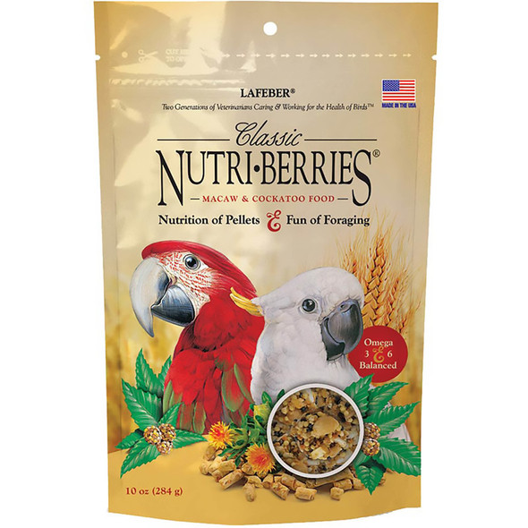 <body><p>Feed your feathered friend a premium-quality diet that appeals to both their physical and behavioral needs with Lafeber Classic Nutri-Berries. Birds show great enthusiasm for foods with taste and texture, which is why your bird is sure to love the delicious, balanced nutrition and fun-to-eat shape of this veterinarian-developed food. The revolutionary shape and crunchy texture provide a variety of beak and tongue sensations that are vital to your birdâ€™s mental stimulation and emotional well-being. Each berry provides hulled grains and is coated in essential vitamins and minerals to make sure your bird gets the maximum benefit from every bite.</p><ul><li>Formulated by top avian veterinarians and avian nutritionists</li> <li>Made with non-GMO, human-grade ingredients, with no artificial colors, preservatives, or flavors</li> <li>The unique, round shape offers important beak play, exercise, and mental stimulation to minimize boredom and feather picking</li> <li>Essential vitamins, chelated minerals, and important antioxidants help boost the immune system</li> <li>Balanced omega 3 and 6 fatty acids to promote skin and feather health</li> <li>Made in small batches at the Lafeber family farm in rural Illinois</li></ul></body>