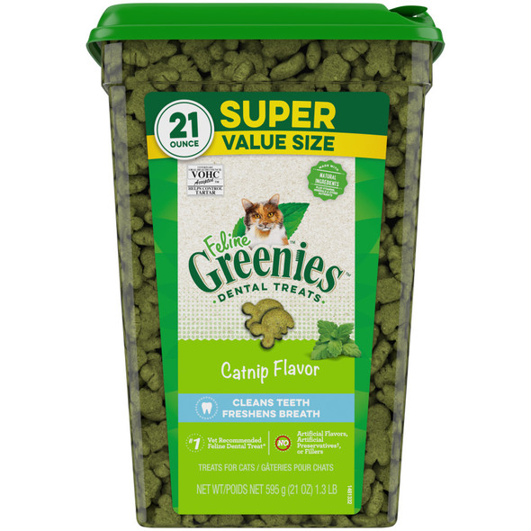 <body><p>FELINE GREENIES Catnip Flavor Dental Cat Treats were designed to help keep your catâ€™s teeth clean and healthy. The crunchy texture of these irresistible cat snacks helps clean teeth, reduce tartar buildup, and freshen cat breath, letting you enjoy cuddle time even more. Made with natural ingredients plus vitamins, minerals, and other nutrients, these tasty natural dental treats are nutritionally complete and balanced for adult cats. Plus, FELINE GREENIES Dental Treats contain less than 2 calories per treat and are the #1 vet recommended feline dental treat.* For some healthy play, try placing a few cat treats inside a treat dispenser toy and watch your cat chase and swat away. Give your cat FELINE GREENIES Dental Treats, and you're sure to hear happy purrs of joy. FELINE GREENIES Daily Dental Treats... for healthy and happy dental care. * Among U.S. veterinarians who recommend dental treats for at-home oral care</p><ul><li>This bulk tub contains 21 oz. of FELINE GREENIES Crunchy Dental Treats in Catnip Flavor</li> <li>Crunchy texture helps clean teeth, reduce tartar buildup, and freshen breath</li> <li>The #1 vet-recommended feline dental treat*</li> <li>Made with natural ingredients plus vitamins, minerals, and other nutrients; nutritionally complete and balanced for adult cats</li> <li>This tasty cat treat has no artificial flavors, has no artificial preservatives, and contains less than 2 calories per treat</li> <li>Dental Care</li> <li>Natural</li></ul></body>