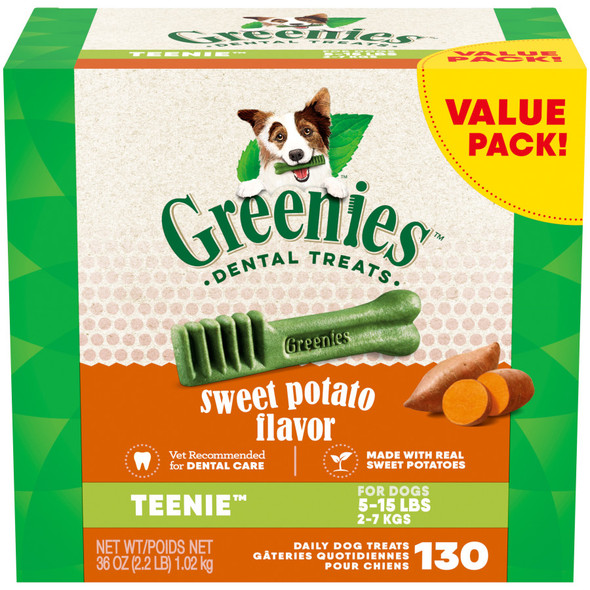 <body><p>One GREENIES Dental Treat a day is all it takes for clean teeth, fresh breath and a happy dog. Your dog can't wait to sink their teeth into these delicious dental dog chews because they feature a delightfully chewy texture that fights plaque and tartar. Irresistibly tasty and incredibly powerful, GREENIES Treats for Dogs are recommended by veterinarians for at-home oral care. Best of all, these natural dog treats are made with highly soluble ingredients that are safe and easy to digest. Give your dog the mouth-wowing treat that helps promote their overall health with GREENIES Dog Treats.</p><ul><li>Delightfully chewy texture that fights plaque and tartar</li> <li>Irresistibly tasty and incredibly powerful</li> <li>Recommended by veterinarians for at-home oral care</li> <li>Made with highly soluble ingredients that are easy to digest</li> <li>Helps promote overall health</li></ul></body>