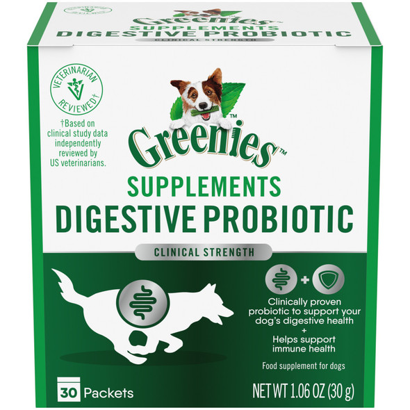 <body><p>Supports Digestive Health: This Great-tasting probiotic supplement powder for dogs helps maintain a natural balance within your dogâ€™s digestive system and helps support regularity and bowel health, Made for Dogs of All Ages: GREENIES Digestive Probiotic Supplement Powder is suitable for both puppies and adult dogs and just one packet a day added to food can help promote your dogâ€™s digestive health. High Quality Ingredients: With billions of live and active probiotics and no artificial preservatives, flavors, or colors, you can feel confident in adding this supplement to your dogâ€™s daily health routine (trace amount may be present due to potential cross-contact during manufacturing). Veterinarian Reviewed: GREENIES Digestive Probiotic Supplement Powder has been veterinarian reviewed and is clinically proven to support digestive health for dogs (based on clinical study data independently reviewed by US veterinarians). Contains one (1) GREENIES Digestive Probiotic Supplement Powder 30-Pack of 1 g. Packets</p><ul><li>Supports Digestive Health: This Great-tasting probiotic supplement powder for dogs helps maintain a natural balance within your dogâ€™s digestive system and helps support regularity and bowel health</li> <li>Made for Dogs of All Ages: GREENIES Digestive Probiotic Supplement Powder is suitable for both puppies and adult dogs and just one packet a day added to food can help promote your dogâ€™s digestive health</li> <li>High Quality Ingredients: With billions of live and active probiotics and no artificial preservatives, flavors, or colors, you can feel confident in adding this supplement to your dogâ€™s daily health routine</li> <li>Veterinarian Reviewed: GREENIES Digestive Probiotic Supplement Powder has been veterinarian reviewed and is clinically proven to support digestive health for dogs</li> <li>Contains one (1) GREENIES Digestive Probiotic Supplement Powder 30-Pack of 1 g. Packets</li></ul></body>