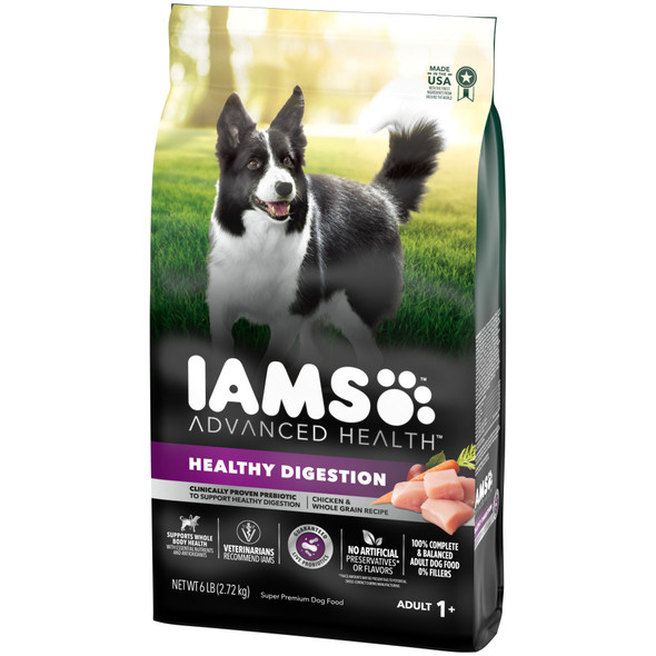 <body><p>1st ingredient is real, farm-raised chicken, with whole grains. Guaranteed live probiotics. Promotes healthy digestion with a tailored blend of wholesome fibers and prebiotics. Builds strong muscles with quality protein sourced from real chicken. Supports a strong immune system with antioxidants. Veterinarians recommend IAMS. With optimal omega 6 :3 fatty acid ratio to support healthy skin & coat. HEALTHY TEETH crunchy kibbles scrub your dog's teeth with every bite, to help reduce plaque buildup that can lead to bad breath. Formulated with essential nutrients to support bone and joint health.</p><ul><li>Designed with ingredients to support your dogâ€™s whole-body health</li> <li>Features clinically proven technology to support healthy digestion</li> <li>Meat-first recipe blended with wholesome grains</li> <li>No artificial flavors or preservatives</li></ul></body>