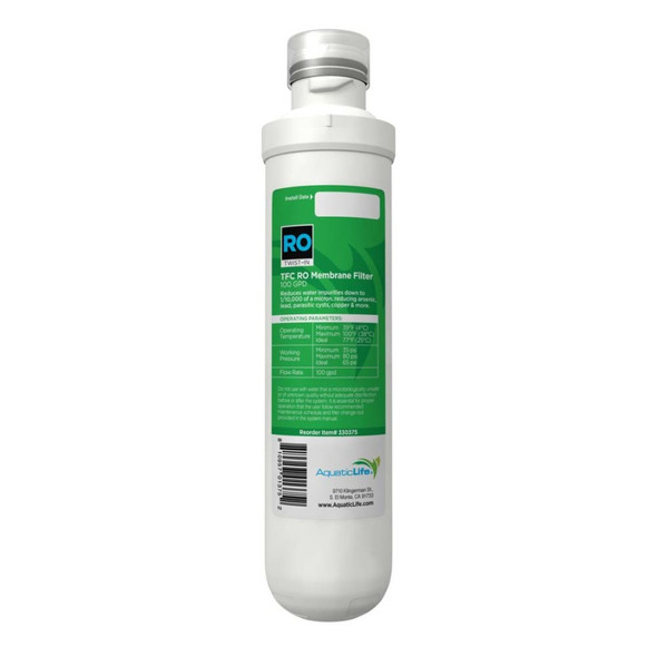 <body><p>STAGE 3 TWIST-IN RO MEMBRANE FILTER CARTRIDGE. Aquatic Life Twist-In TFC RO Membrane Filter Cartridge, 100 GPD: Recommended replacing every 1-2 Years. The RO Membrane reduces impurities known as Total Dissolved Solids (TDS) from the water down to 1/10,000 of a micron, reducing arsenic, lead, parasitic cysts, copper and more. Working Pressure: Minimum 35 PSI, Maximum 80 PSI, Ideal 65 PSI. Flow Rate: 100 GPD.</p></body>