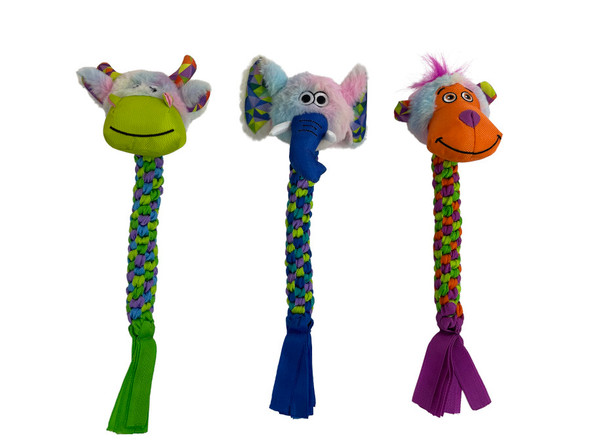 <body><p>These Pet Envy toys have a braided canvas material body with a plush head on it. The soft heads squeak. It comes in 3 assorted animals.</p><ul><li>Made with braided canvas material</li> <li>Soft heads squeak</li></ul></body>