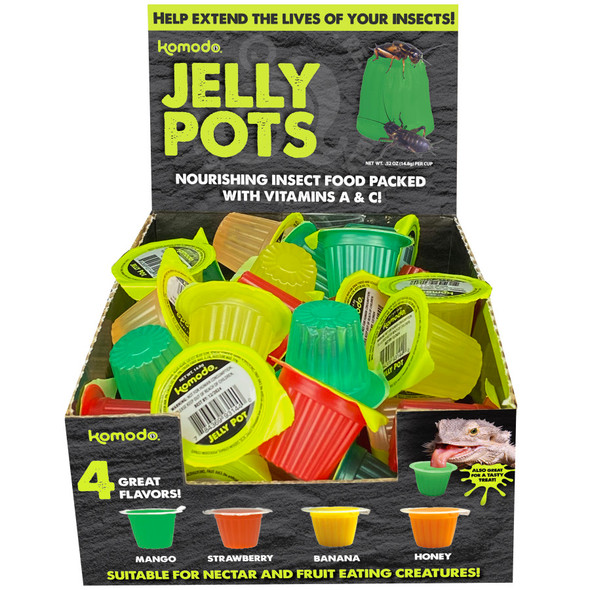 <body><p>Easy to use for feeders and as a treat for your fruit-eating reptiles. Jelly pots are a great way to provide nutrition in their habitat without making a mess. Individual serving keeps the food fresh and are already portioned to make it easy to drop in your terrarium. There are no added dyes or colors.</p><ul><li>Easy to use for feeders and as a treat for your fruit-eating reptiles</li> <li>Ggreat way to provide nutrition in their habitat without making a mess.</li> <li>Individual serving keeps the food fresh and are already portioned to make it easy to drop in your terrarium</li> <li>No added dyes or colors</li></ul></body>