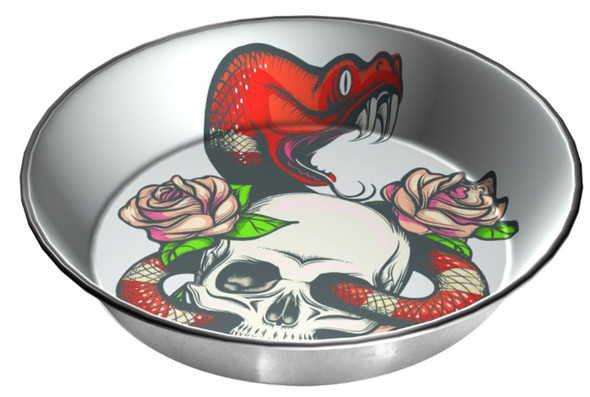 <body><p>This dish has a tattoo of a large skull with a snake running through it.</p><ul><li>Skull and snake design</li></ul></body>
