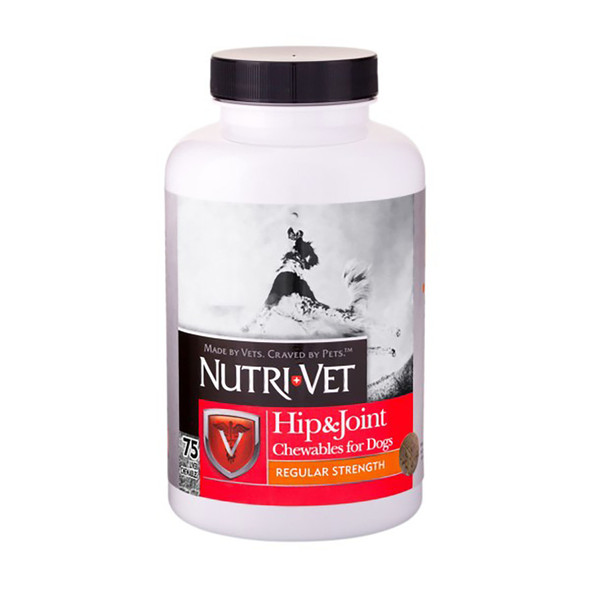 <body><p>Nutri-Vet Regular Strength Hip & Joint Chewable Tablets provide balanced levels of glucosamine for dogs, plus chondroitin, vitamin C and methylsulfonylmethane (MSM), to help maintain healthy canine joint function and connective tissue. These liver-flavored chewables are veterinarian formulated to provide the best joint supplement for dogs.</p><ul><li>REGULAR STRENGTH HIP & JOINT SUPPORT: Each chewable tablet contains balanced levels of glucosamine for dogs (500 mg), plus chondroitin (100 mg), MSM (10 mg) and hyaluronic acid (1 mg) to help support healthy joints.</li> <li>FORMULATED FOR ALL DOGS: Balanced levels of hip & joint support help dogs of all ages and sizes maintain a healthy, active lifestyle.</li> <li>GREAT TASTE: Dog joint health never tasted so good with an easy-to-administer, liver flavored chewable tablet craved by pets.</li> <li>MADE BY VETS: Formulated by veterinarians, all Nutri-Vet products are made to the highest standards of quality and consistency.</li> <li>USA MADE: Made in the USA with premium ingredients you can trust. All Nutri-Vet supplements carry the National Animal Supplement Council (NASC) quality seal.</li></ul></body>