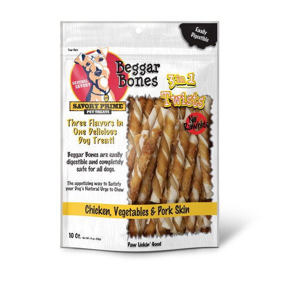 <body><p>Beggar Bone Twists are a great alternative to rawhide. Beggar Bones Twists are 99% digestible and safe for all dogs. We use farm raised Pork, Chicken, & Vegetables in a fun to chew twist for your dog!</p><ul><li>Great alternative to rawhide</li> <li>99% digestible and safe for all dogs</li> <li>Made using farm raised Pork, Chicken, & Vegetables</li></ul></body>