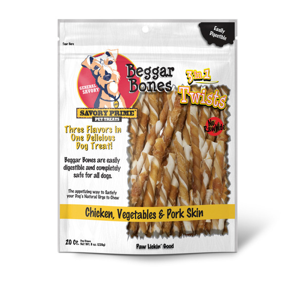 <body><p>Beggar Bone Twists are a great alternative to rawhide. Beggar Bones Twists are 99% digestible and safe for all dogs. We use farm raised Pork, Chicken, & Vegetables in a fun to chew twist for your dog!</p><ul><li>Great alternative to rawhide</li> <li>99% digestible and safe for all dogs</li> <li>Made using farm raised Pork, Chicken, & Vegetables</li></ul></body>