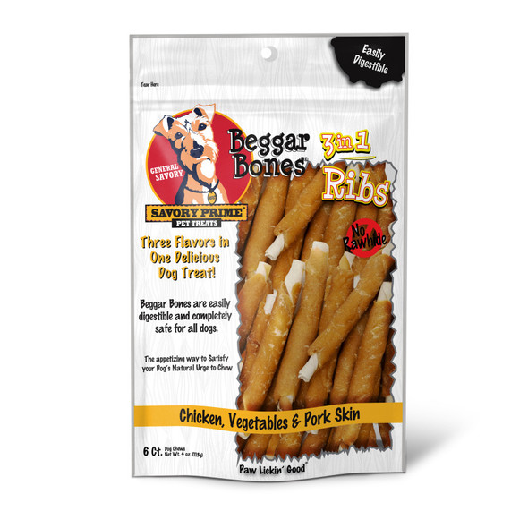 <body><p>Beggar Bone Ribs are a great alternative to rawhide. Beggar Bone Ribs are 99% digestible and safe for all dogs. We use farm raised Pork, Chicken, & Vegetables in a fun to chew rib for your dog!</p><ul><li>Great alternative to rawhide</li> <li>99% digestible and safe for all dogs</li> <li>Made using farm raised Pork, Chicken, & Vegetables</li></ul></body>