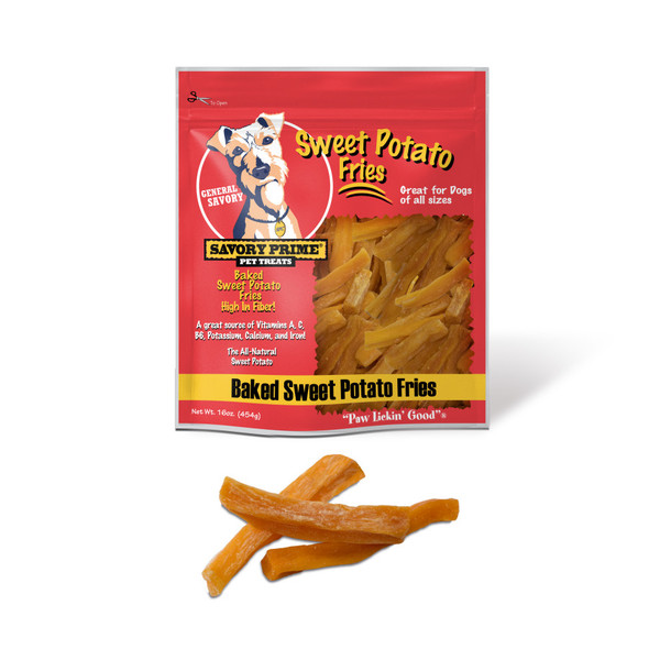 <body><p>Savory Prime sweet potato fries are just that: sweet potato! Our sweet potato fries are high in fiber and a great source of vitamins A, C, B6, calcium & iron. Your dog will be sure to find them â€œPaw Lickinâ€™ Goodâ€Â®</p><ul><li>Made with sweet potato</li> <li>High in fiber</li> <li>Great source of vitamins A, C, B6, calcium & iron</li></ul></body>