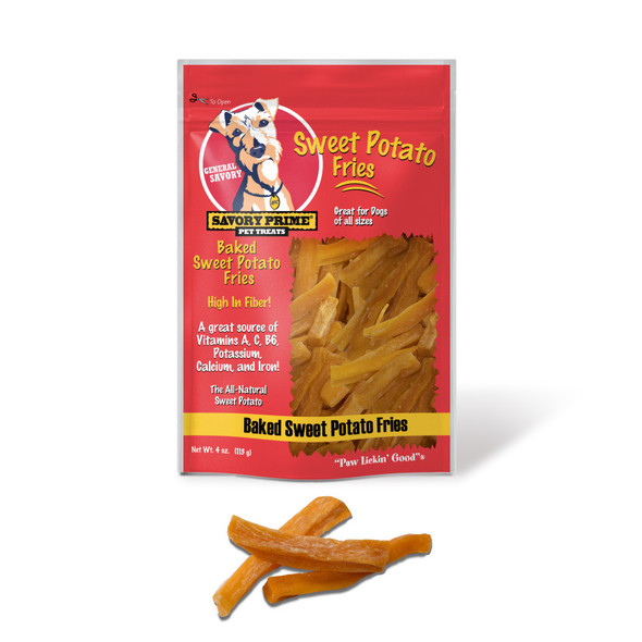 <body><p>Savory Prime sweet potato fries are just that: sweet potato! Our sweet potato fries are high in fiber and a great source of vitamins A, C, B6, calcium & iron. Your dog will be sure to find them â€œPaw Lickinâ€™ Goodâ€Â®</p><ul><li>Made with sweet potato</li> <li>High in fiber</li> <li>Great source of vitamins A, C, B6, calcium & iron</li></ul></body>