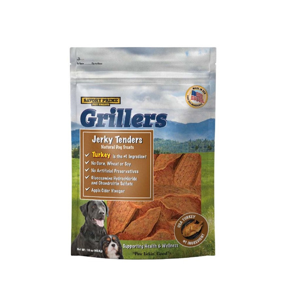 <body><p>Savory Primeâ€™s Grillers are slow roasted jerky tenders with a fresh grilled taste. Made with savory turkey fillets, our all-natural and healthy tenders are high in protein, giving your dog the essential nutrients to build muscle, tendons and regulate their overall functions. Our Grillers also support your dogâ€™s health with nutrients like Glucosamine and Chondroitin for bones and joints and Apple Cider Vinegar, which supports healthy digestion. Grillers are 100% American sourced protein, free of corn, wheat, soy, and artificial preservatives. These soft chewy treats are perfect for dogs of all sizes.</p><ul><li>100% Natural ingredients</li> <li>No corn, wheat, or soy</li> <li>No artificial preservatives or flavors</li> <li>No animal byproducts</li> <li>100% USA Turkey</li></ul></body>