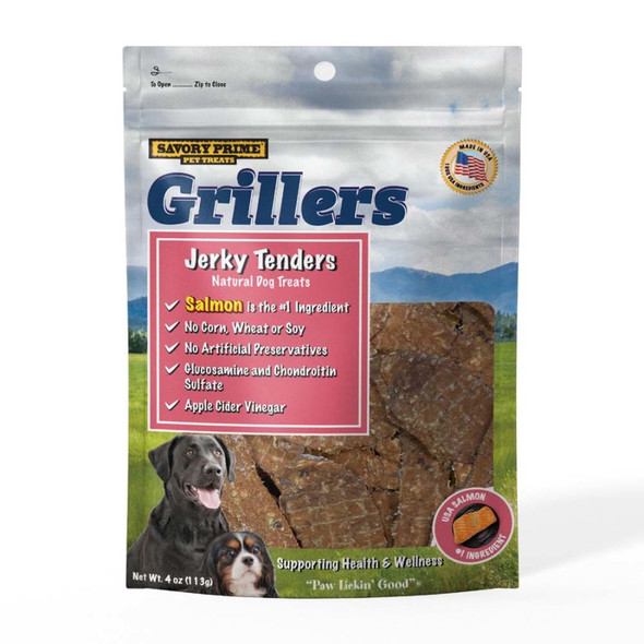 <body><p>Savory Primeâ€™s Grillers are slow roasted jerky tenders with a fresh grilled taste. Made with savory salmon fillets, our all-natural and healthy tenders are high in protein, giving your dog the essential nutrients to build muscle, tendons and regulate their overall functions. Our Grillers also support your dogâ€™s health with nutrients like Glucosamine and Chondroitin for bones and joints and Apple Cider Vinegar, which supports healthy digestion. Grillers are 100% American sourced protein, free of corn, wheat, soy, and artificial preservatives. These soft chewy treats are perfect for dogs of all sizes.</p><ul><li>100% Natural ingredients</li> <li>No corn, wheat, or soy</li> <li>No artificial preservatives or flavors</li> <li>No animal byproducts</li> <li>100% USA Salmon</li></ul></body>
