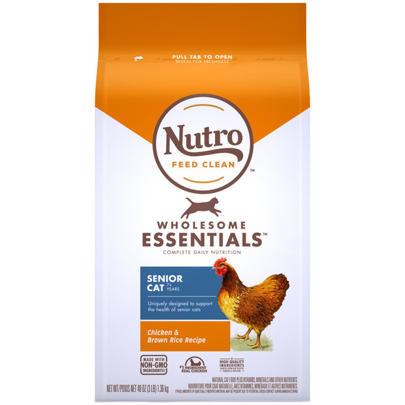 <body><p>Each NUTRO WHOLESOME ESSENTIALS Dry Cat Food recipe starts with a high-quality protein source and is made with non-GMO ingredients.* This premium natural cat food features real chicken as the #1 ingredient and has essential nutrients like taurine to support heart health in aging cats. It is also rich in omega-6 fatty acids for skin care and coat health. NUTRO Dry Cat Foods are made with quality ingredients carefully sourced from a trusted network of farmers and suppliers and have no corn, wheat, or soy protein, no chicken by-product meal, and no artificial preservatives, flavors, or colors. Give your senior cat a complete, nutritious meal every time with NUTRO WHOLESOME ESSENTIALS Senior Cat Dry Cat Food. * Trace amounts of genetically modified material may be present due to potential cross-contact during manufacturing.</p><ul><li>Contains one (1) 3 lb. bag of NUTRO WHOLESOME ESSENTIALS Senior Cat Chicken & Brown Rice Recipe Natural Cat Food Plus Vitamins, Minerals, & Other Nutrients</li> <li>Real chicken is the #1 ingredient in this delicious older cat food thatâ€™s rich in nutrients and full of flavor</li> <li>Fortified with essential nutrients like taurine to support heart health in aging cats, as well as antioxidants for healthy immunity</li> <li>Made with non-GMO ingredients* from trusted farmers and suppliers (* Trace amounts of genetically modified material may be present due to potential cross-contact during manufacturing.)</li> <li>NO corn, wheat, or soy protein, NO chicken by-product meal, NO artificial preservatives, flavors, or colorsâ€¦ just real food for your mature cat to enjoy</li> <li>Rich in omega-6 fatty acids from natural fats for healthy skin and coat for your favorite feline</li> <li>Protein Rich</li> <li>Healthy Immune System</li> <li>Heart</li> <li>Skin & Coat Care</li> <li>GMO-Free</li></ul></body>