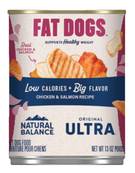 <body><p>Fat Dogs Chicken & Salmon Canned Dog Recipe Wet Dog Food provides a complete, balanced meal for dogs on a weight loss plan. Crafted with premium protein and plenty of vegetables for fiber, this recipe is easy to digest and supports full-body health. Fortified with fat-burning L-Carnitine to help shed excess pounds safely and easily.</p><ul><li>Chicken, chicken liver, and salmon offer high protein levels with fewer calories to help overweight dogs feel full</li> <li>Brown rice, oat fiber, pea fiber, and dried beet pulp provide high levels of fiber for optimal digestion</li> <li>Thoughtfully crafted for complete and balanced nutrition that nourishes your adult dog's health and wellbeing as they lose weight</li></ul></body>