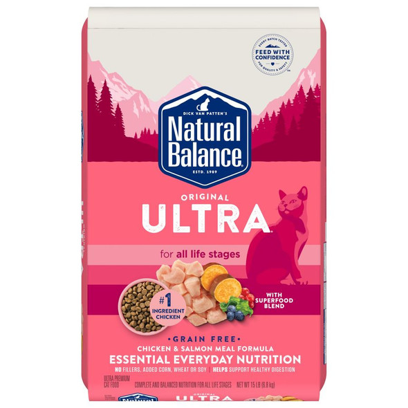 <body><p>Give your cat a diet theyâ€™ll love from head to toe beans with Natural Balance Original Ultra Cat Food Formula. Our grain-free dry cat food formula helps support your catâ€™s complete well-being at all life stages by taking an entire body approach. It includes antioxidant nutrients to help maintain a healthy immune system, multiple fiber sources to help keep their bellies happy and balanced Omega-3 and Omega-6 fatty acid ratios to help support healthy skin and a luxurious coat. Grab a bag today to feed your cat with confidence.</p><ul><li>Grain-free</li> <li>Chicken is the #1 ingredient</li> <li>Supports catâ€™s complete well-being at all life stages by taking an entire body approach.</li> <li>Includes antioxidant nutrients to help maintain a healthy immune system, multiple fiber sources to help keep their bellies happy and balanced Omega-3 and Omega-6 fatty acid ratios to help support healthy skin and a luxurious coat.</li></ul></body>