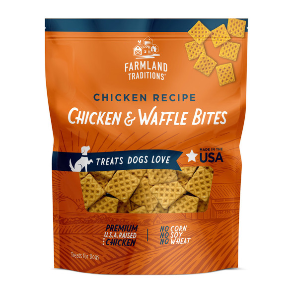 <body><p>Farmland Traditions waffle bites are made in our own U.S. facility with USA raised chicken. These bite sized waffle treats are made with no corn, soy, or wheat and are simply air dried to create the savory taste that Dogs Love!</p><ul><li>Made in America</li> <li>Made with USA raised chicken</li> <li>Bite sized waffle treats</li> <li>No corn, soy, or wheat</li> <li>Air dried</li></ul></body>