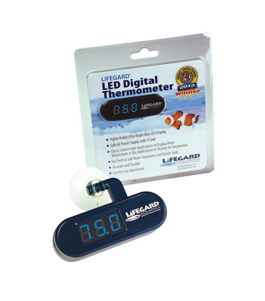 <body><p>Highly visible, ultra-bright blue LED display can be seen from across any room. When used submerged it displays the water temperature in your tank or secure it outside to display the air temperature. Uses include fresh or saltwater applications and reptile tanks. Our sensor is accurate and dependable. The Lifegard LED Digital Thermometer features an adjustable suction cup attachment and includes a safe, 6V power supply with 5? cord and a hang or stand clam shell display with complete instructions.</p></body>