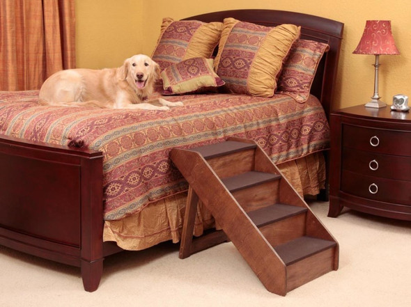 <body><p>Solvit's PupSTEP Wood Stairs offer a beautiful and convenient alternative for helping pets reach their favorite places. The sturdy construction and rich walnut finish means these stairs can be proudly displayed in any home. If needed, these stairs can be folded flat for convenient storage or transport. Safety side rails are built into the design so your pet can climb up and down with confidence. No assembly required. Available in two sizes: the Large model is intended for small- to medium-sized pets, due to the size of the individual step sections. For larger pets, or for any pet needing to access a very tall bed, choose the Extra Large model. Overall dimensions of the Large model is 24 long x 16 wide x 20 high; the treads are each 6 inches deep, 15 inches wide, and 4.75 inches apart. The Extra Large model measures 30 long x 19 wide x 25 high; the treads are each 7.5 inches deep, 18 inches wide, and 6 inches apart.</p></body>