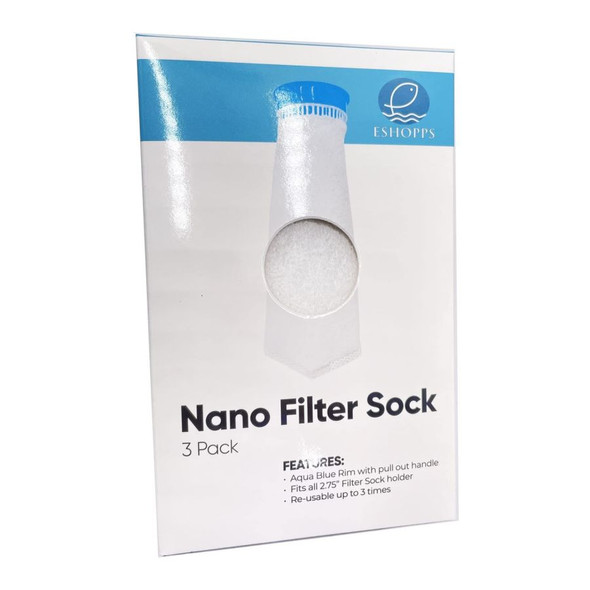 <body><p>With ESHOPPS proven highest quality Filter Socks, now comes our Nano Filter Sock. With the same durability and performance as its predecessors, it is designed specifically to keep your Nano Tanks water crystal clear; trapping organic particles, detritus, and even dust out of your water column which will dramatically improve water quality. The Nano Filter sock is differentiated by its unique aqua blue rim with pull out handle for ease of maintenance and replacement.</p><ul><li>Aqua Blue Rim with pull out handle</li> <li>300 Micron</li> <li>Includes 3 Nano Filter Socks</li> <li>Diameter: 2.75 (70mm)</li> <li>Height: 10 (260mm)</li> <li>AQUOS Class (Hobbyist, 1-60gallon aquariums)</li></ul></body>