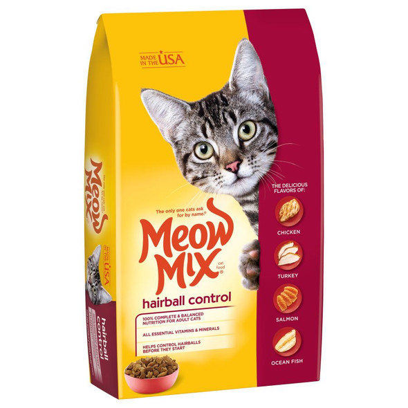 <body><p>Specially formulated to help control hairballs before they start Meow MixÂ® Hairball Control cat food is a tasty mix with chicken, turkey, salmon & ocean fish flavors. This wholesome recipe filled with essential vitamins and minerals along with high-quality protein make mealtimes irresistible!</p><ul><li>Helps control hairballs before they start</li> <li>100% complete and balanced nutrition for adult cats</li> <li>Provides all essential vitamins and minerals</li></ul></body>