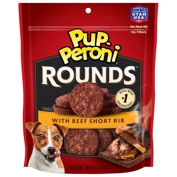 <body><p>Pup-Peroni Rounds dog treats are a great way to give your dog more of the brand they loveâ€”in a fun, round shape. Made with real beef as the number one ingredient, these soft and chewy dog treats are a perfect reward for good behavior, or just an exciting anytime snack. Their irresistible aroma and mouthwatering taste will have your furry friend rolling over backwards for more. And because you know theyâ€™re made with no artificial flavors, fillers, red 40 or added grains, you can feel confident that these dog snacks are worthy of your best friend. Order now and give your dog an all-around tasty treat.</p><ul><li>Real beef is the number one ingredient</li> <li>Soft and chewy dog treats</li> <li>Made with no artificial flavors, fillers, red 40 or added grains</li></ul></body>