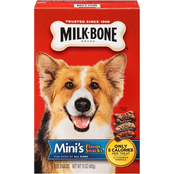 <body><p>Milk-Bone Mini's Flavor Snacks dog biscuits feature the same teeth-cleaning and vitamin-enriched goodness of Milk-Bone Original biscuits in a tasty bite-sized treat.</p><ul><li>Comes in these flavors that dogs love: bacon, beef, chicken, sausage, and turkey</li> <li>Fortified with 12 vitamins and minerals to help keep your dog at this best</li> <li>Crunchy texture helps clean teeth and freshen breath</li></ul></body>