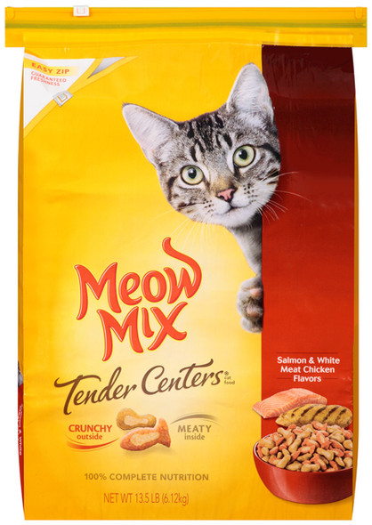 <body><p>Each bite of Meow Mix Tender Centers Salmon & White Meat Chicken Flavors cat food combines irresistible salmon and chicken flavors with a crunchy outer layer and a meaty center. The protein rich recipe contains essential nutrients to help keep your cat healthy and happy. With wholesome ingredients and irresistible taste, no wonder it's the only one that cats ask for by name!</p><ul><li>Kibble combines tender center with crunchy outer layer</li> <li>100% complete and balanced nutrition</li> <li>Provides all essential vitamins and minerals</li></ul></body>